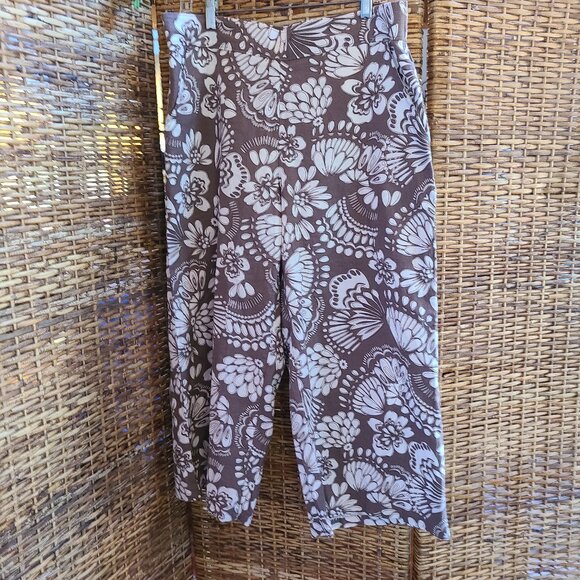 Dash Wide Leg Cropped Pants Sz Large Taupe W/ White Flower Linen Rayon Blend - Picture 1 of 5